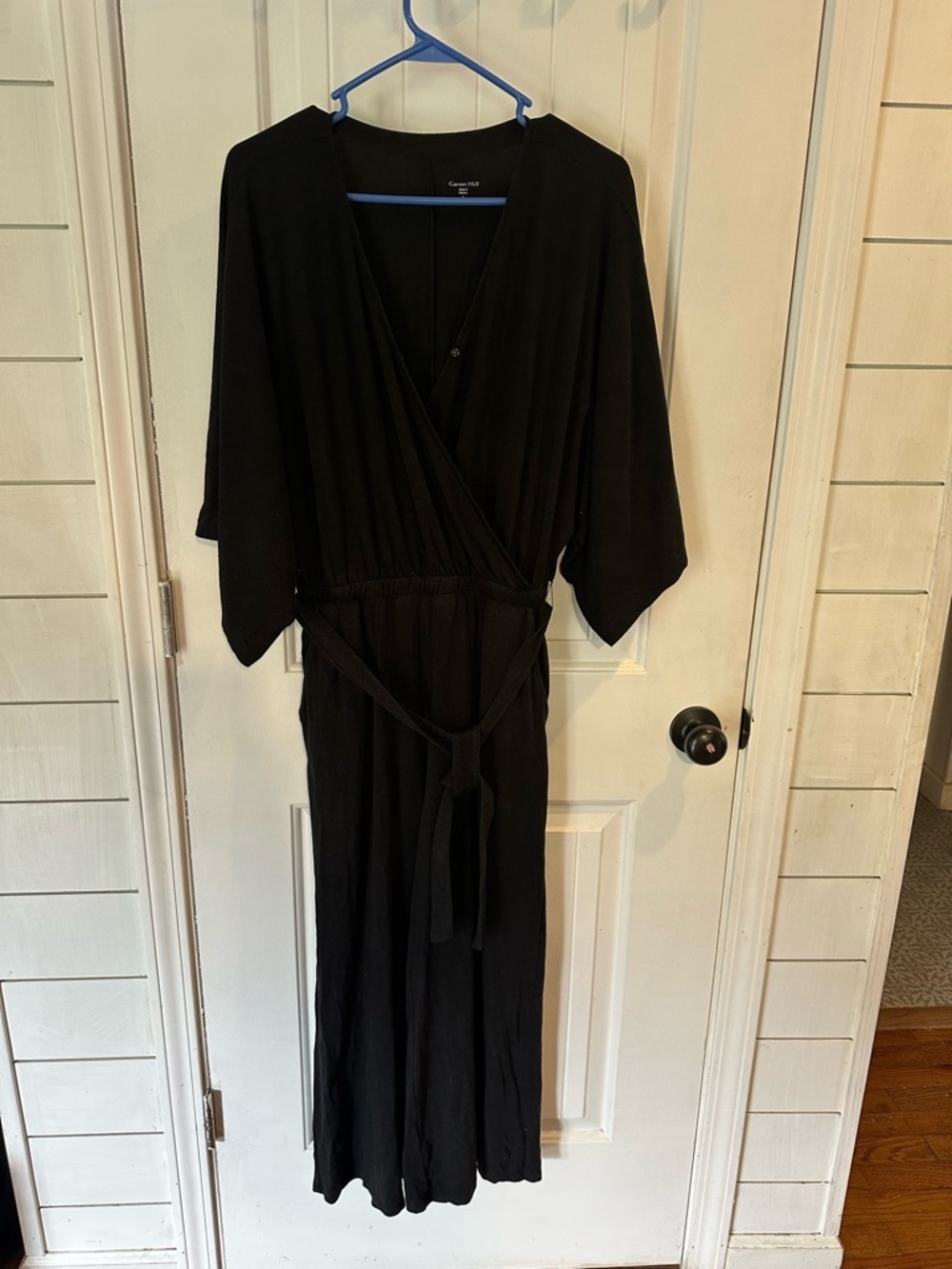 Garnet Hill Black Wrap V-Neck kimono Wide-Leg cropped Jumpsuit - Picture 3 of 7